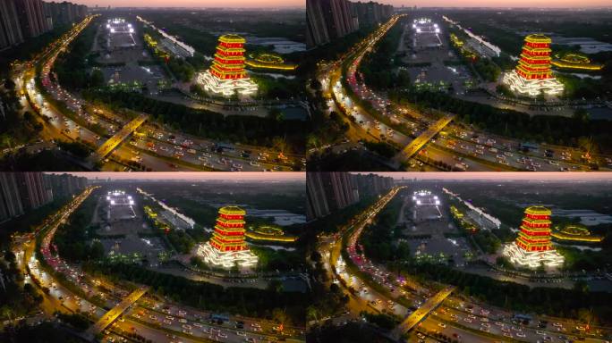 陕西西安汉城湖古建筑塔夜景灯光航拍9
