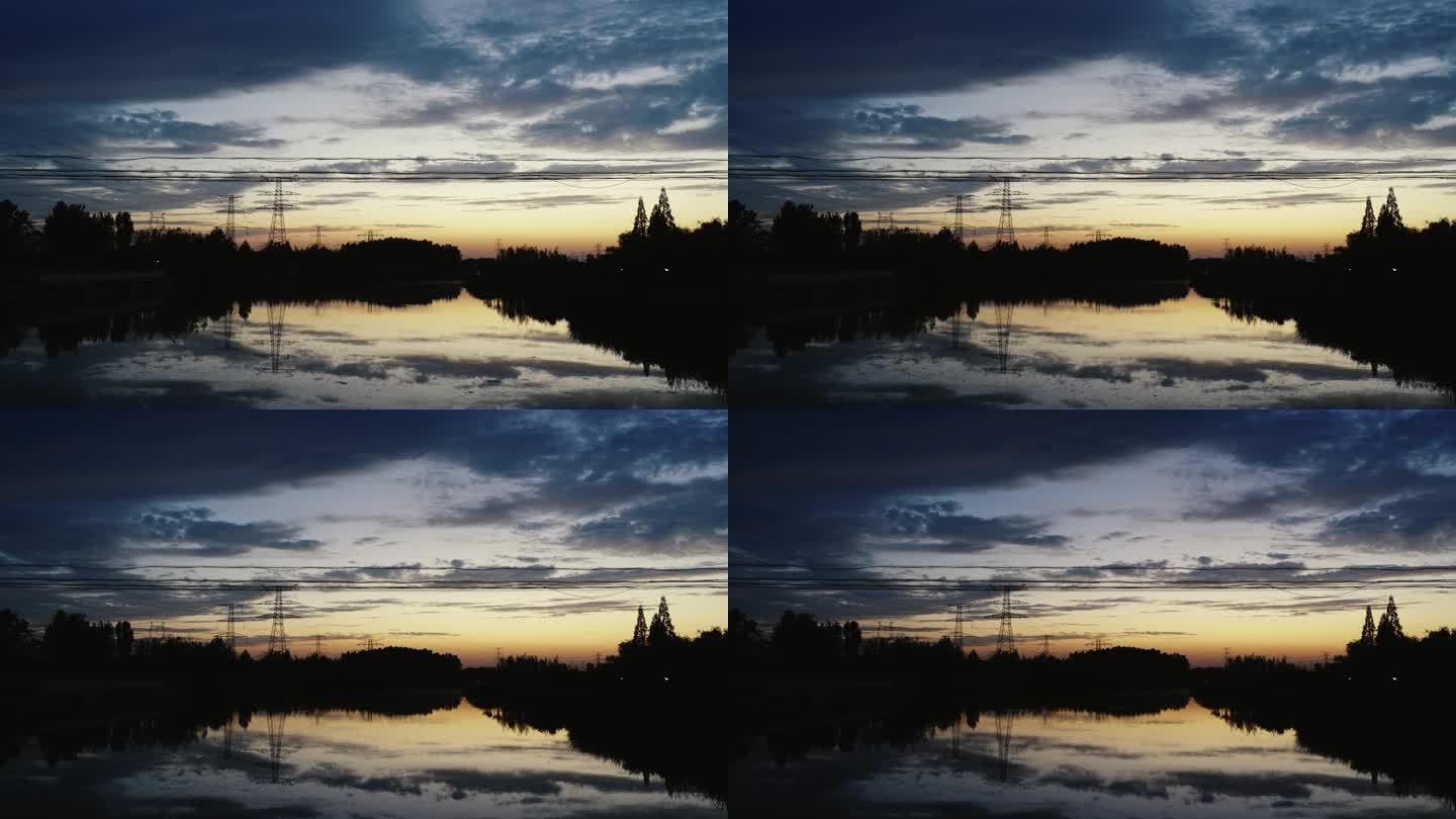 夕阳和水中倒影延时摄影