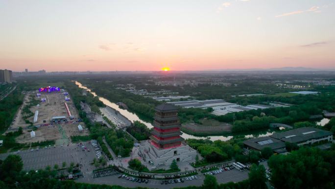 陕西西安汉城湖古建筑塔落日航拍1