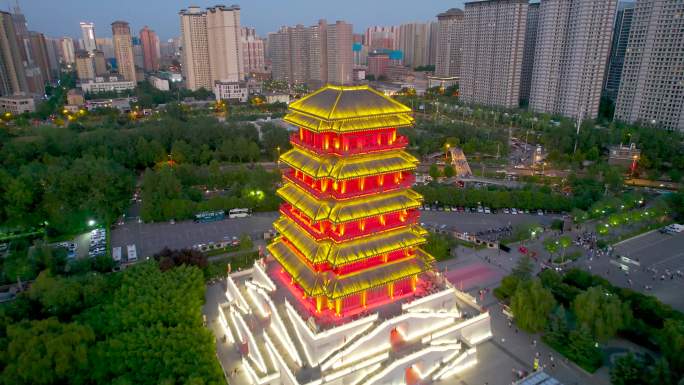 陕西西安汉城湖古建筑塔夜景灯光航拍3