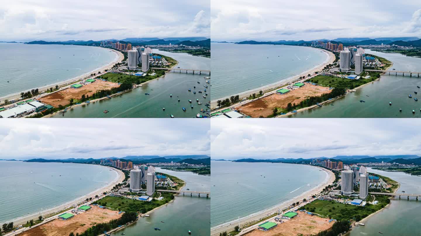 广东惠州惠东双月湾沙滩海岸线延时航拍4k