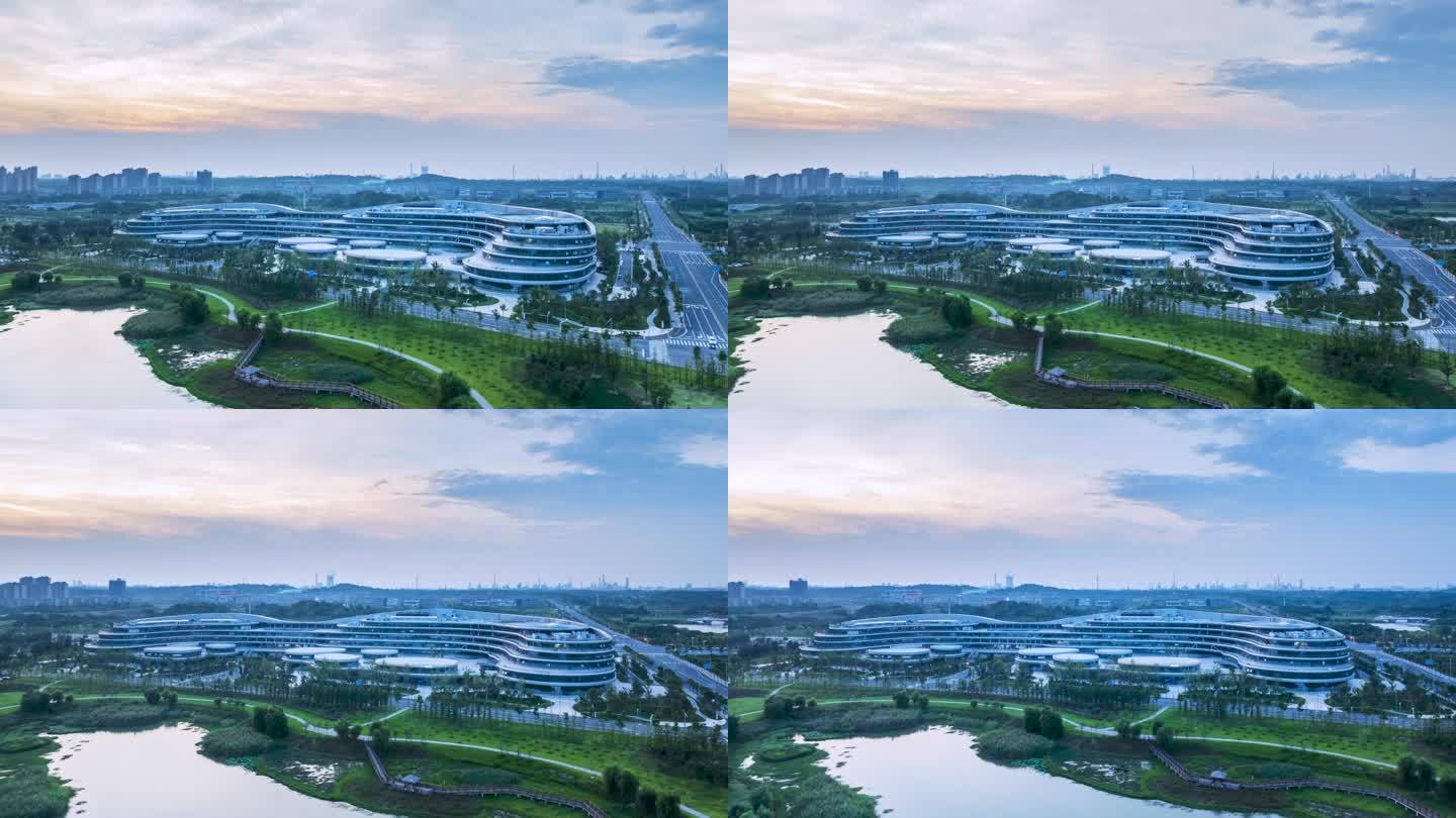 九江市鄱阳湖生态科技城黄昏环绕航拍延时
