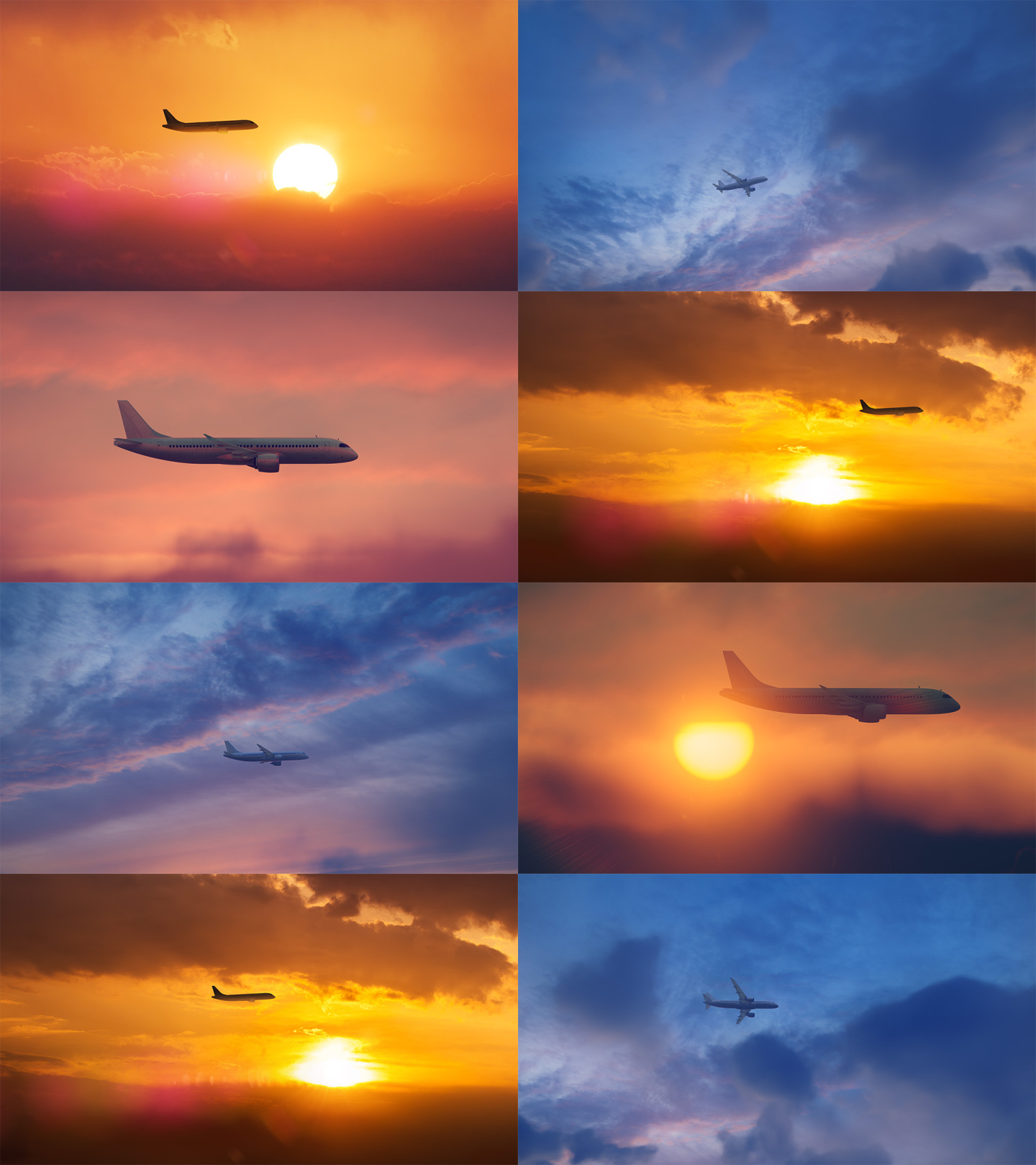 飞机飞过天空夕阳