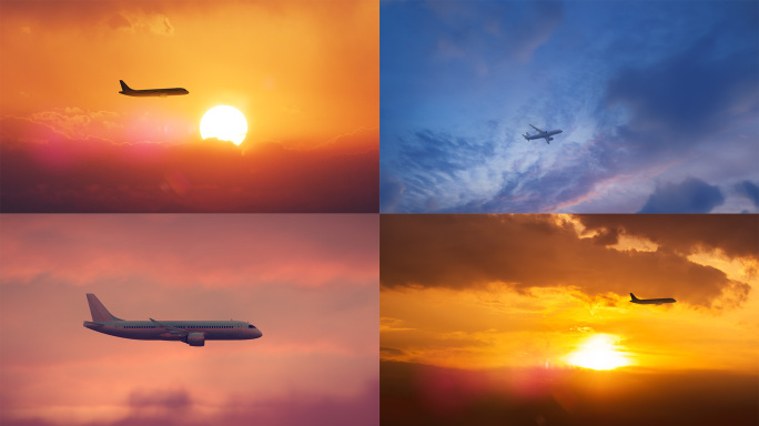飞机飞过天空夕阳