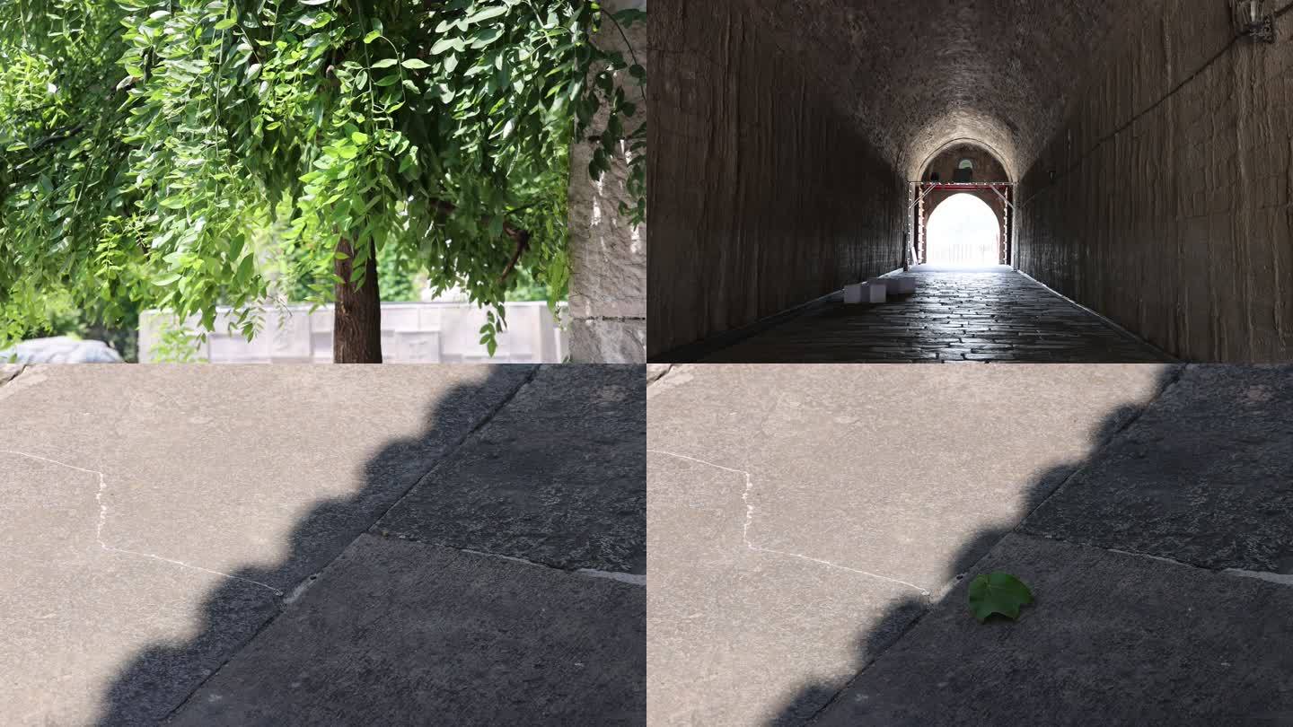 【4K】实拍城墙拱门、树叶、路面影子