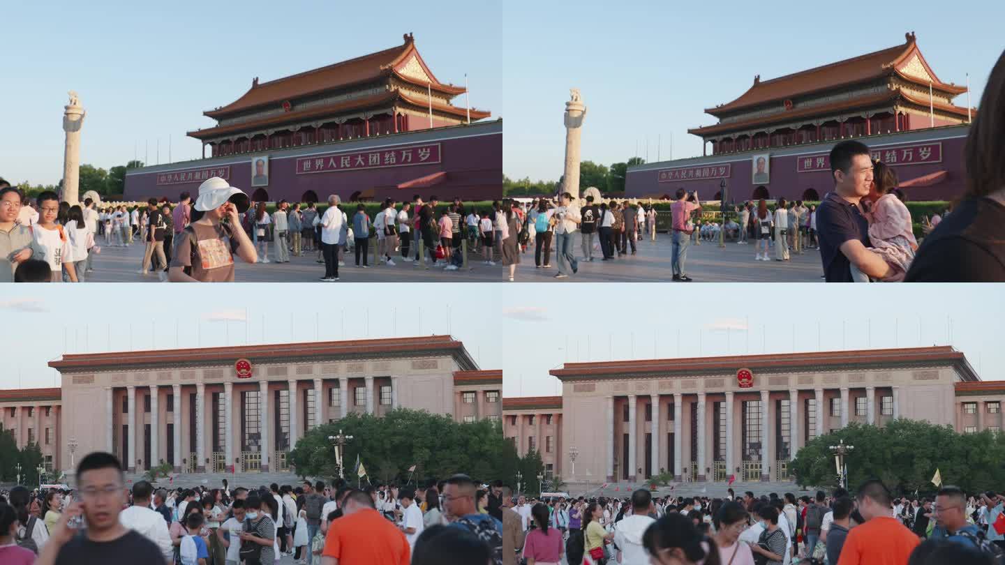 天安门广场游客如织，人民大会堂，纪念碑