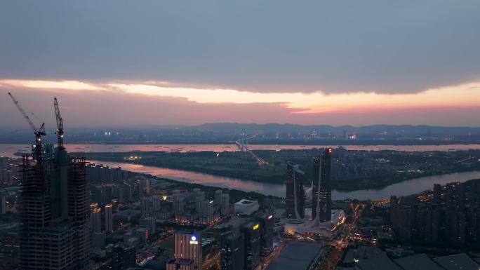 南京建邺区河西CBD航拍夕阳夜景4K