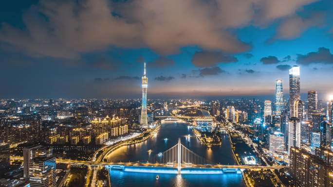 广州城市夜景航拍晚霞大气延时摄影