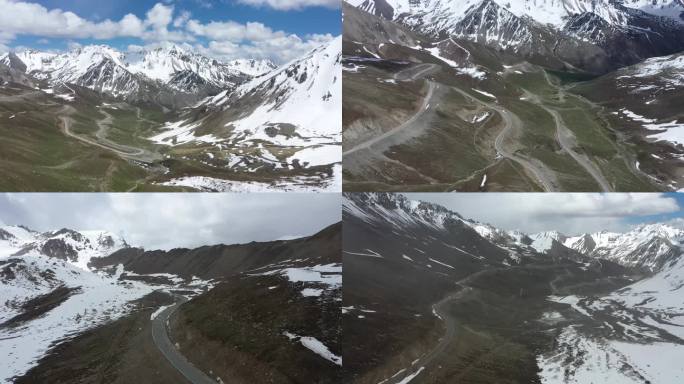 新疆尼勒克独库公路雪山下雪航拍