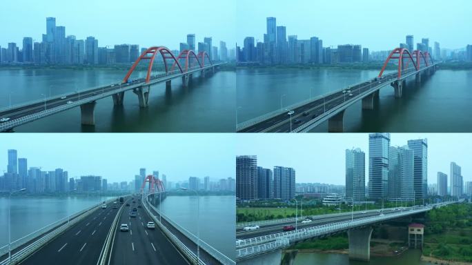 长沙湘江福元路大桥交通车流航拍