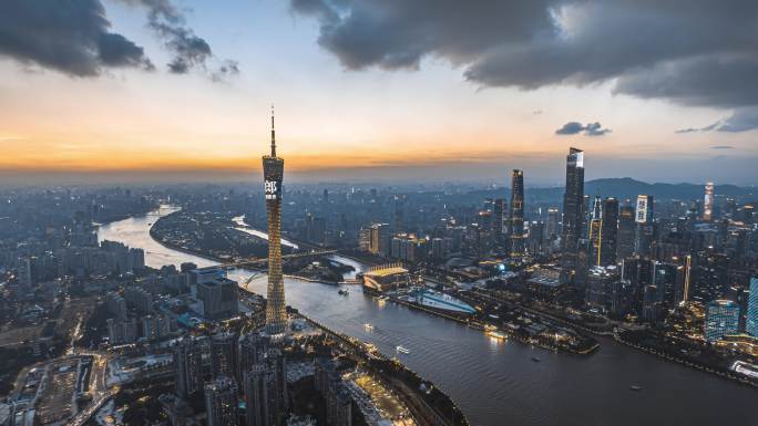 广州城市夜景航拍晚霞大气延时摄影