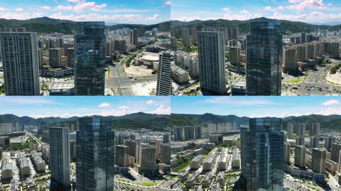 台州玉环市区金融中心高楼航拍蓝天白云延时