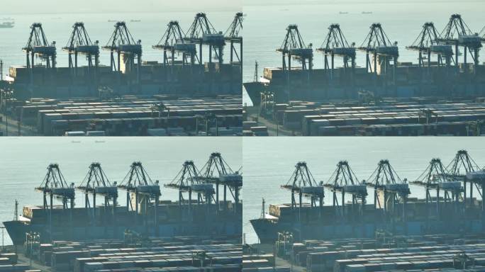 4k广州南沙港货运码头集装箱日出航拍