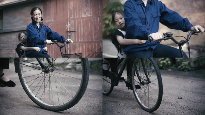 老工厂 老厂房妈妈带女孩骑自行车儿童时光