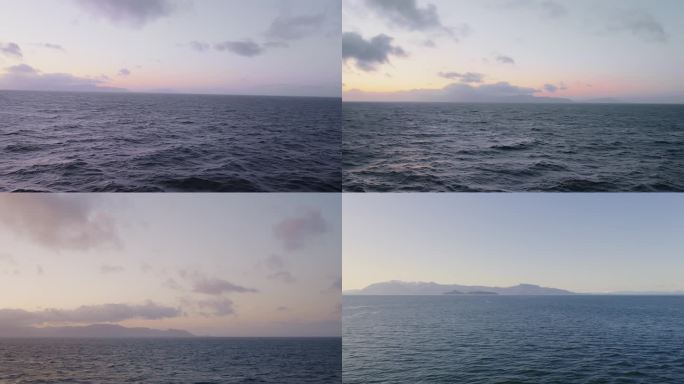 朝霞、海洋、远山、条状云、雪山、远景