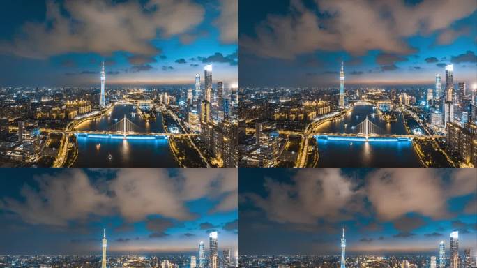 广州城市夜景航拍晚霞大气延时摄影
