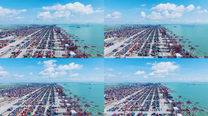 广州南沙港集装箱货柜码头繁忙港口邮轮延时