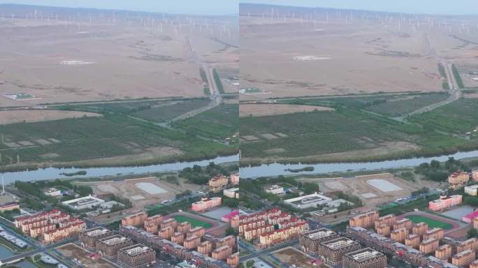 高清竖屏航拍新疆布尔津县建筑群和布尔津河