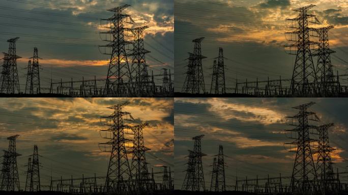 电力电塔变电站在壮美的晚霞中