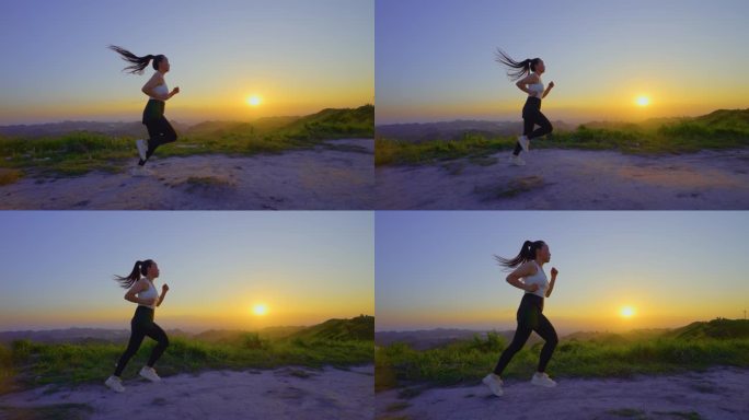 唯美女孩日落时分山顶跑步清晨锻炼有氧运动