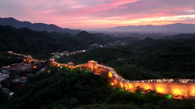 航拍北京延庆八达岭长城夜景
