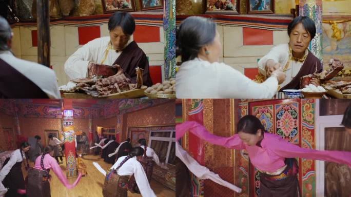藏族生活吃风干肉喝酥油茶射箭跳锅庄视频