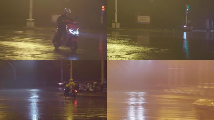 雨天外卖员骑车城市外卖奋斗雨天送餐员骑手