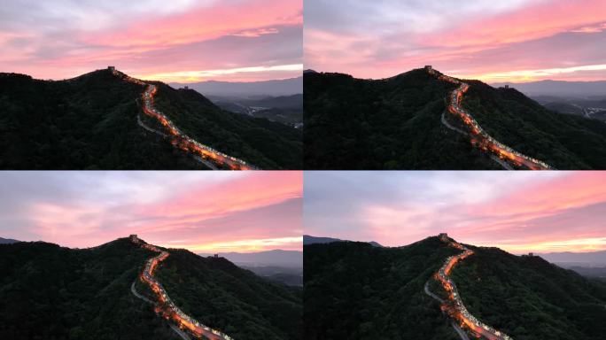 航拍北京延庆八达岭长城夜景