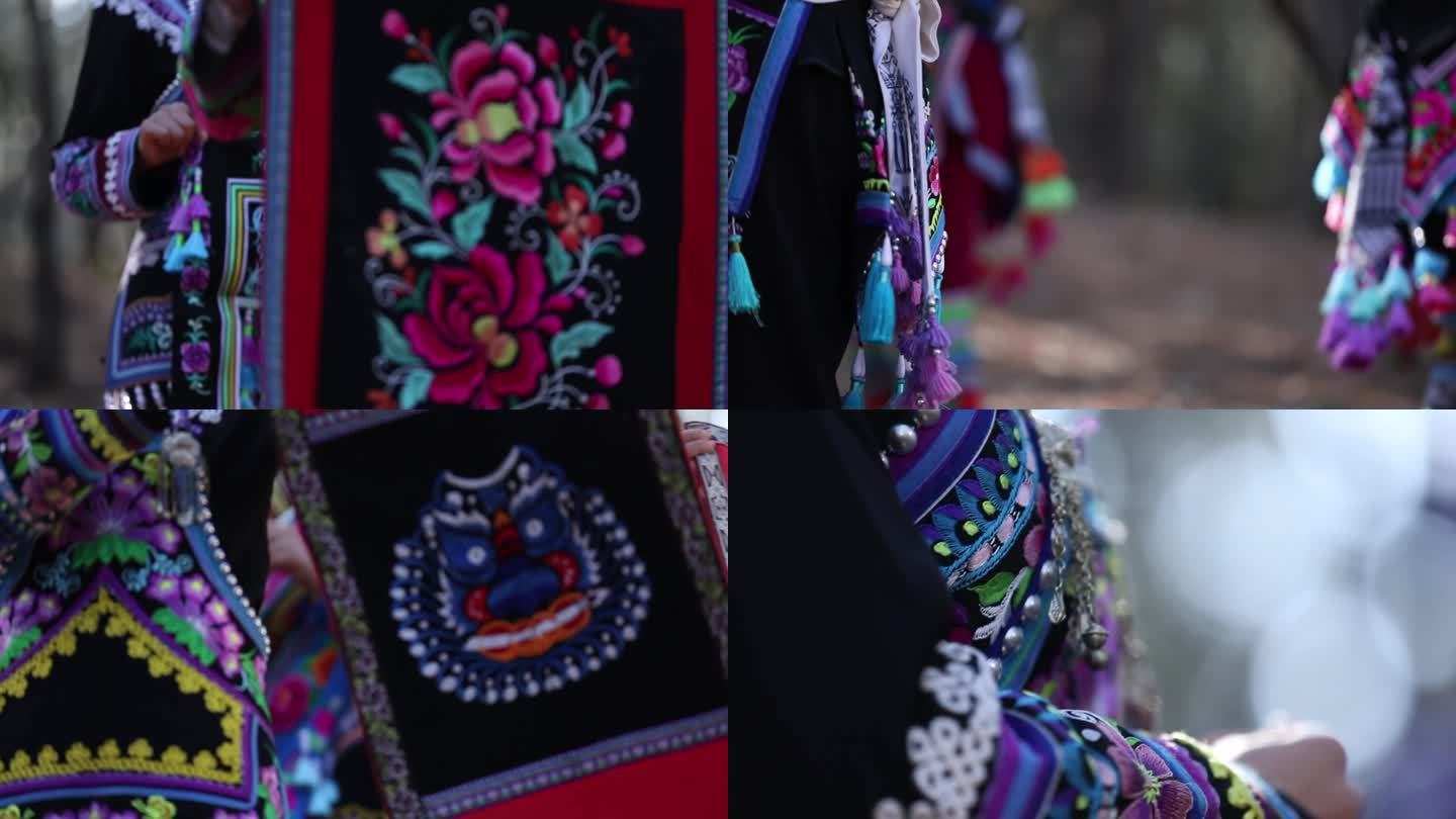 彝族彝绣刺绣图案特写 彝族文化 图腾