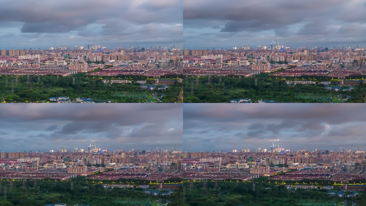 航拍上海城市全景乌云压城延时摄影