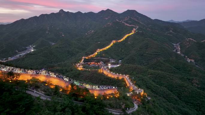 航拍北京延庆八达岭长城夜景