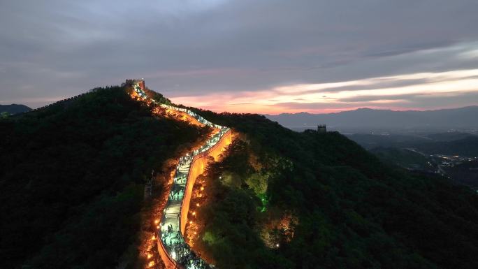 航拍北京延庆八达岭长城夜景