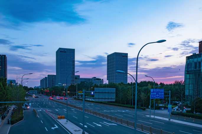 6K高清北京亦庄开发区城市夜景紫色的落日