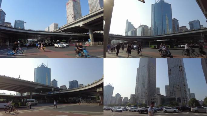 北京城市早晨高架桥骑行上班堵车高温炎热