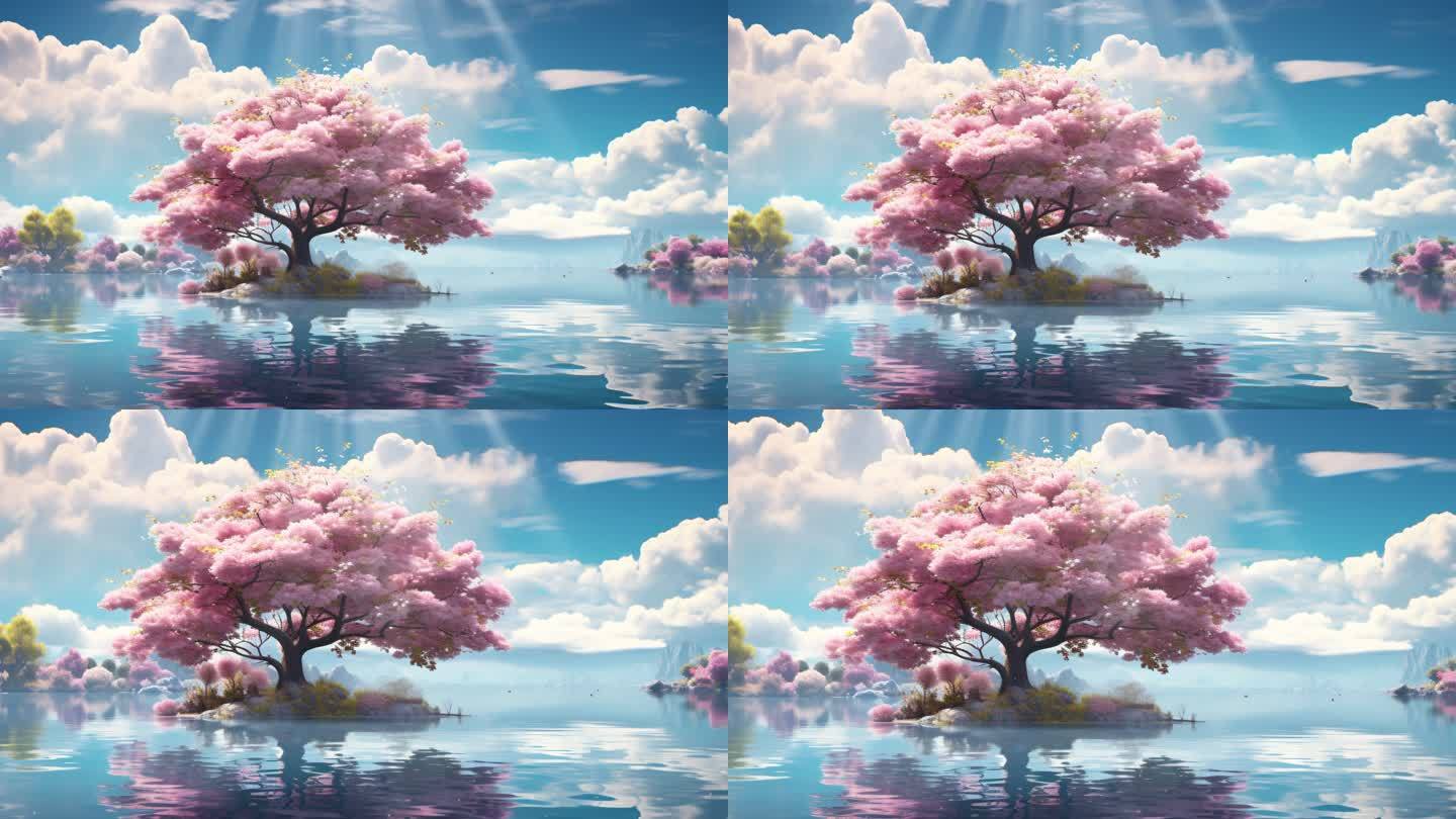 湖泊湖面小岛大树花朵蓝天白云风光背景2