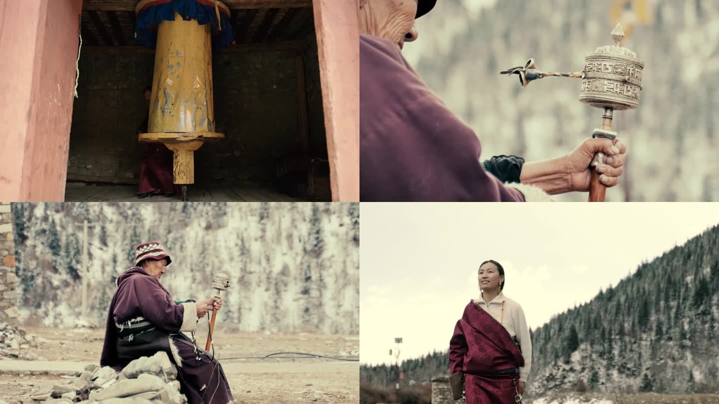 藏族老人转经念佛少女转经视频素材