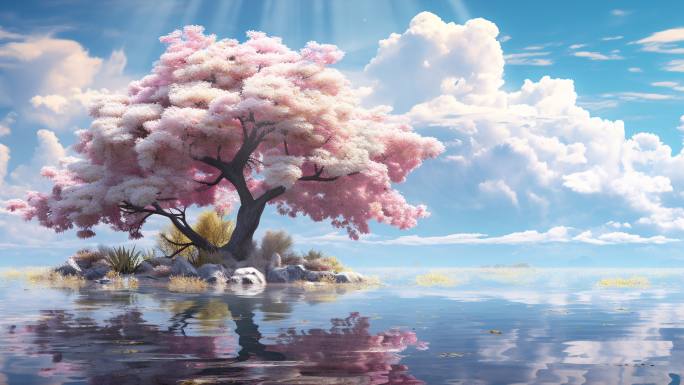 湖泊湖面小岛大树花朵蓝天白云风光背景3