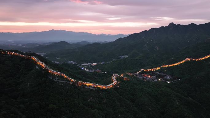 航拍北京延庆八达岭长城夜景