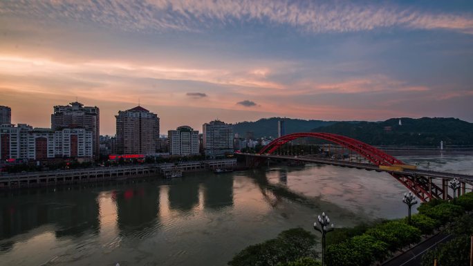 宜宾市城区戎州桥夜景日转夜延时摄影