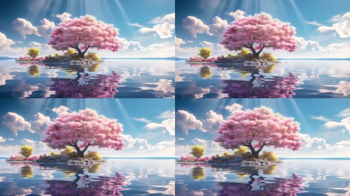 湖泊湖面小岛大树花朵蓝天白云风光背景