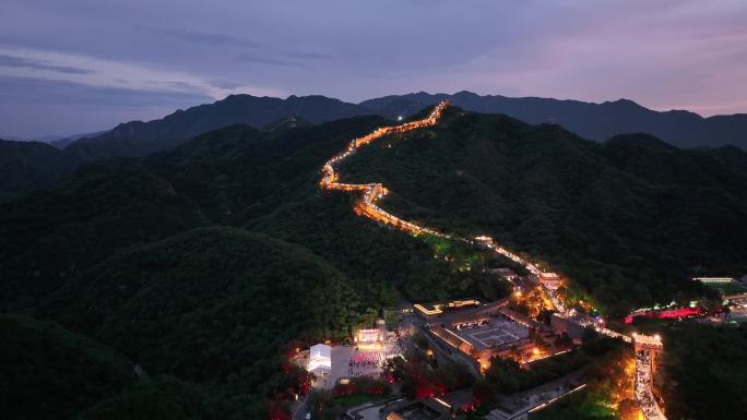 航拍北京延庆八达岭长城夜景