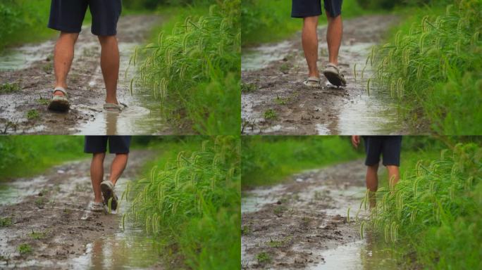 下雨天在泥泞路上行走