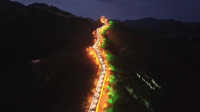 航拍北京延庆八达岭长城夜景