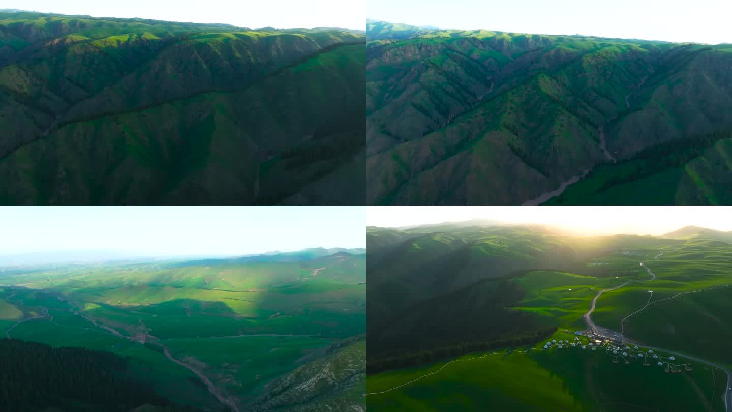 4K航拍新疆阿克塔斯草原清晨日出美丽风景