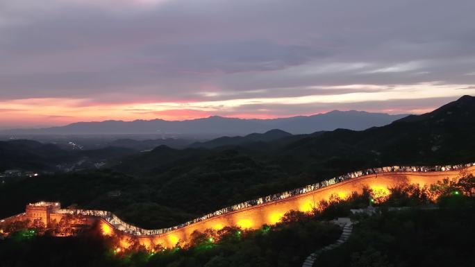 航拍北京延庆八达岭长城夜景