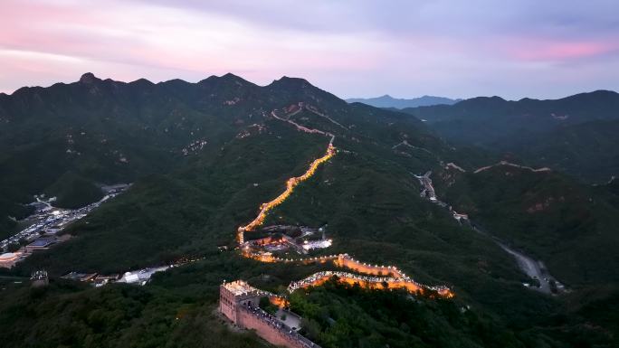 航拍北京延庆八达岭长城夜景