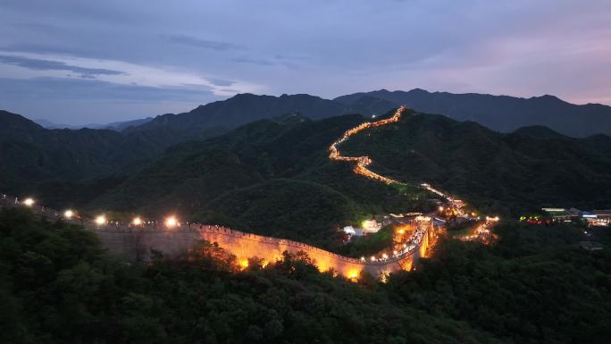 航拍北京延庆八达岭长城夜景