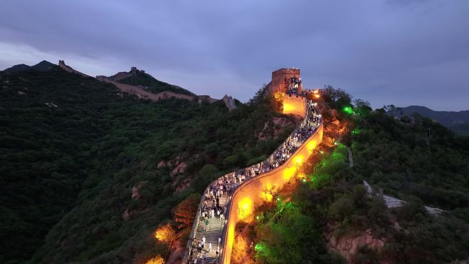 航拍北京延庆八达岭长城夜景