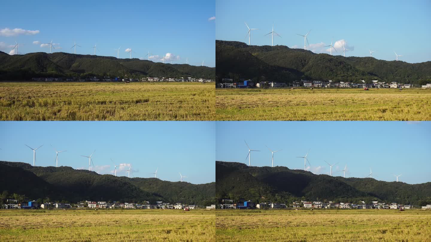 稻田丰收和山上的风力发电风车