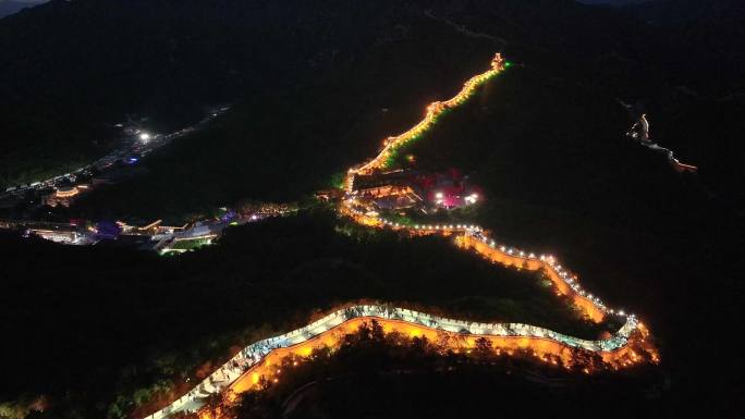 航拍北京延庆八达岭长城夜景